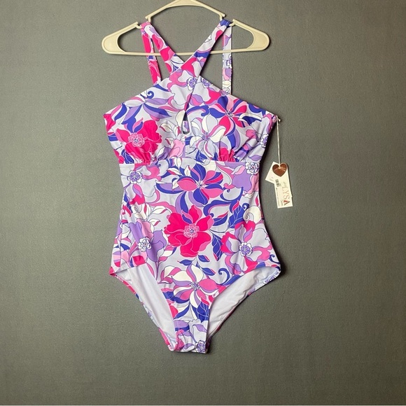 NEW Lysa Plus size 0X "Kylie" swimsuit Floral Keyhole Halter One-Piece Swimsuit - Picture 2 of 10